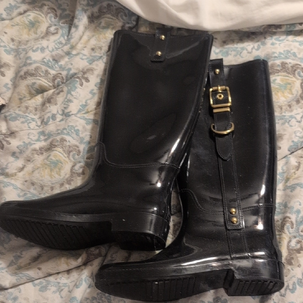 Coach Shiny Black Rain Boots with Gold Details